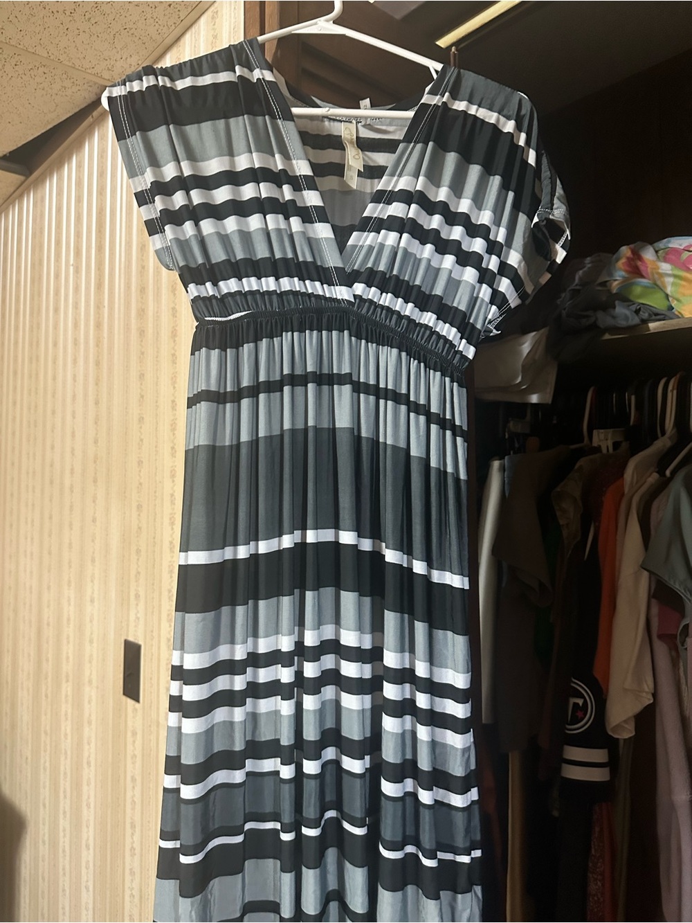 Cristinalove Black, Gray and White Striped V-Neck Maxi Dress